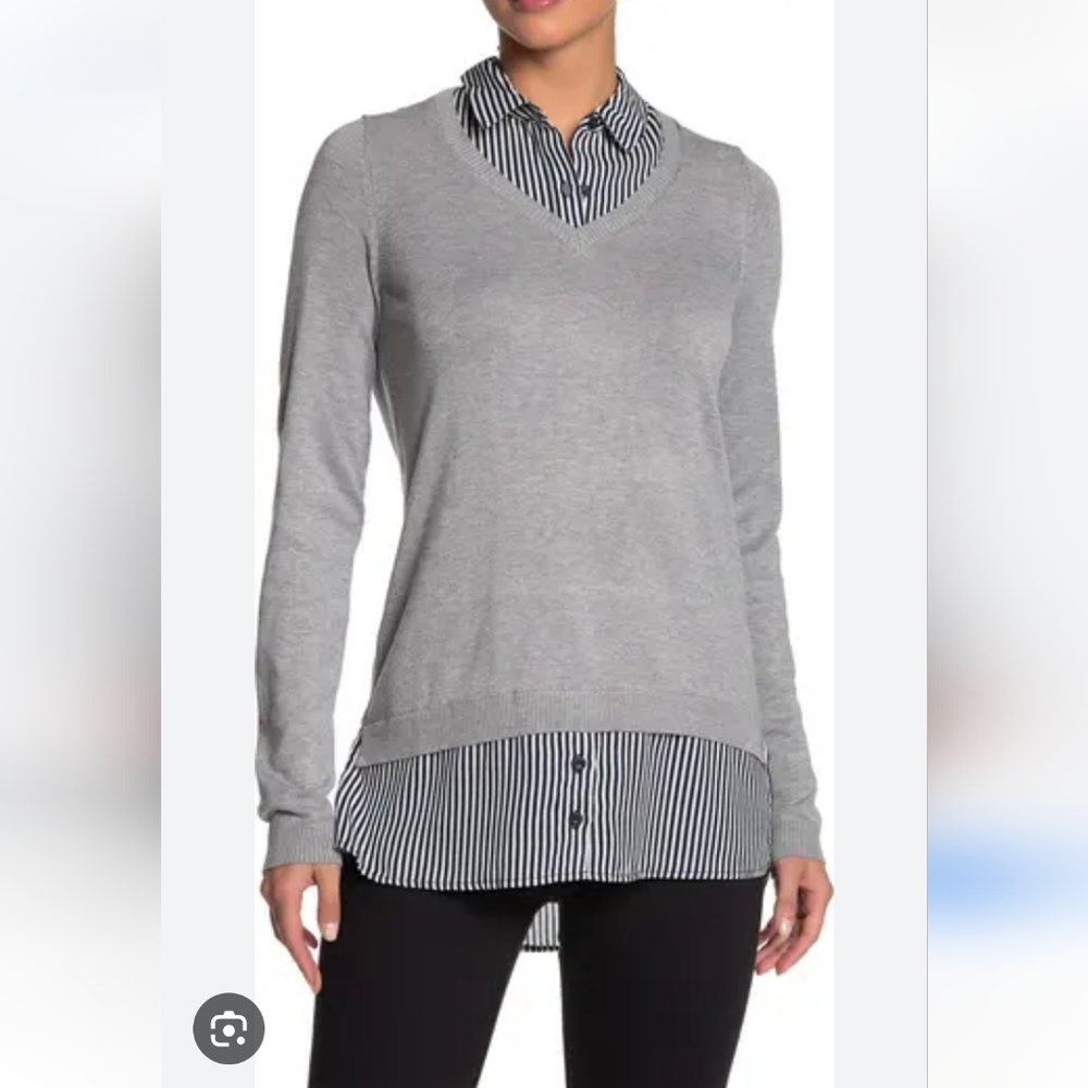 Adrianna Papell Gray and White Striped Top